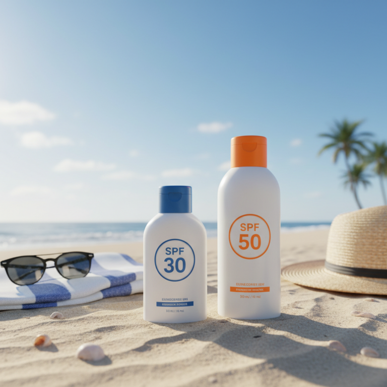 alt_text: Two sunscreen bottles, SPF 30 and 50, on a sunny beach with towel, sunglasses, and sun hat.
