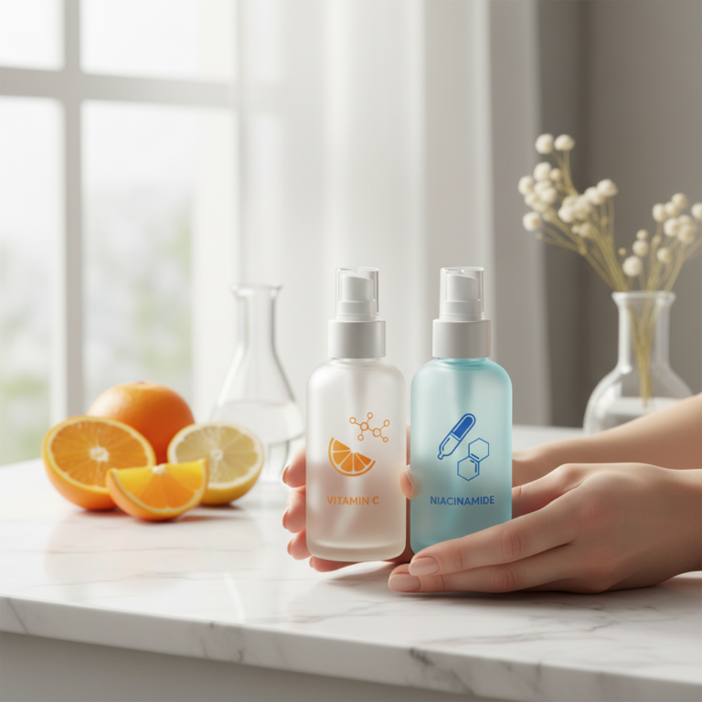 alt_text Model’s hands holding vitamin C and niacinamide serums on a bright, minimal bathroom counter.