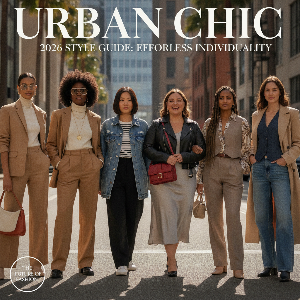 alt_text: Diverse women in trendy 2026 outfits stand confidently outdoors against a modern city backdrop.