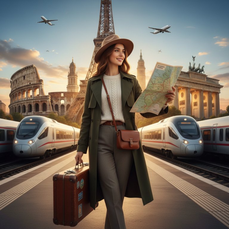 alt_text: Young traveler with suitcase and map at station, European landmarks and transport in the background.