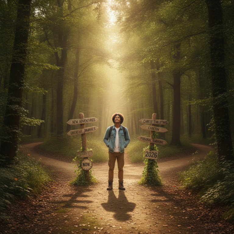 A hopeful person at a sunlit forest crossroads, with signs and 2026 calendar hints, embracing new beginnings.