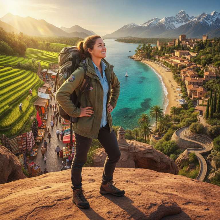 alt_text: A solo woman traveler with a backpack overlooks famous landscapes, embodying safe, inspiring journeys.