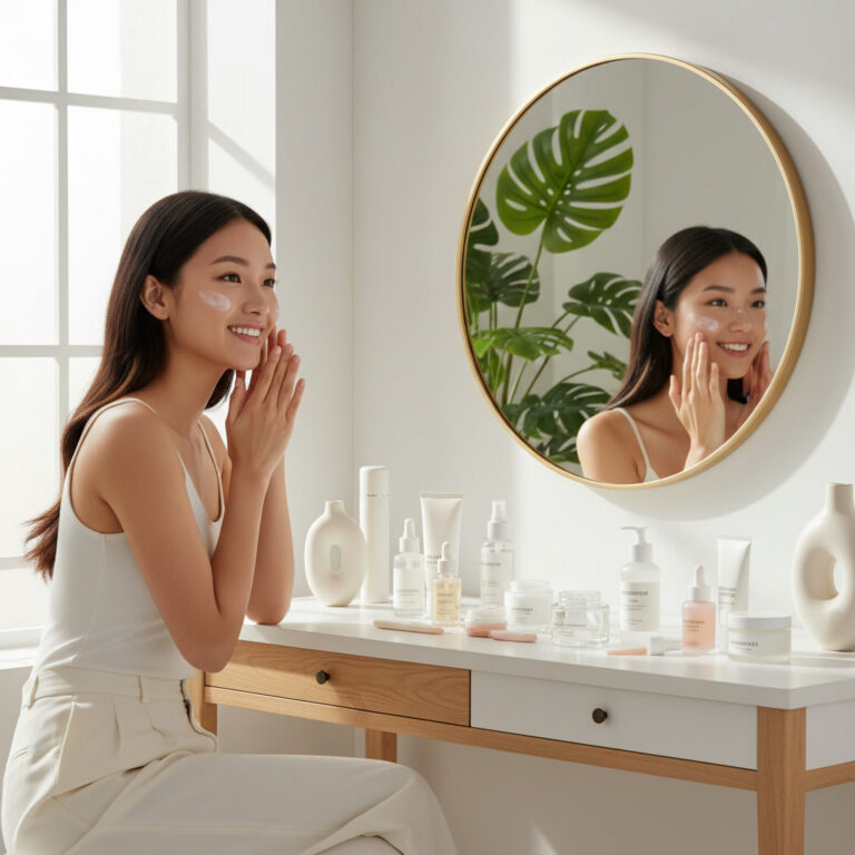 alt_text: Woman applies skincare at vanity, surrounded by products and plants in a bright, tranquil room.