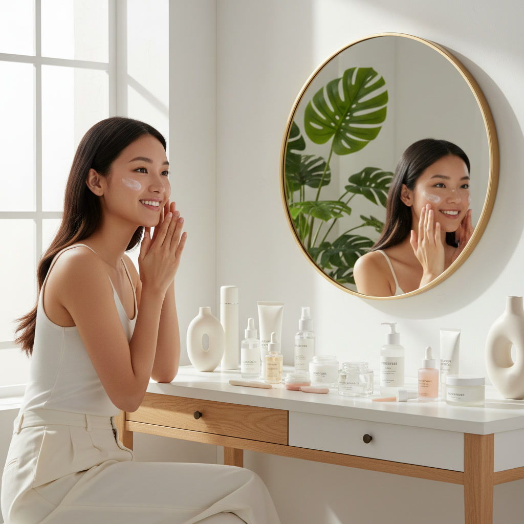 alt_text: Woman applies skincare at vanity, surrounded by products and plants in a bright, tranquil room.