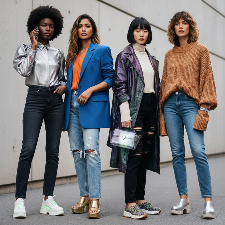 alt_text: Diverse, stylish women in 2026 trends—straight-leg jeans, bold tops, and futuristic accessories.