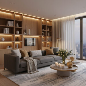 alt_text: Ultra-realistic, modern living room with cozy decor, soft lighting, and smart home accents.