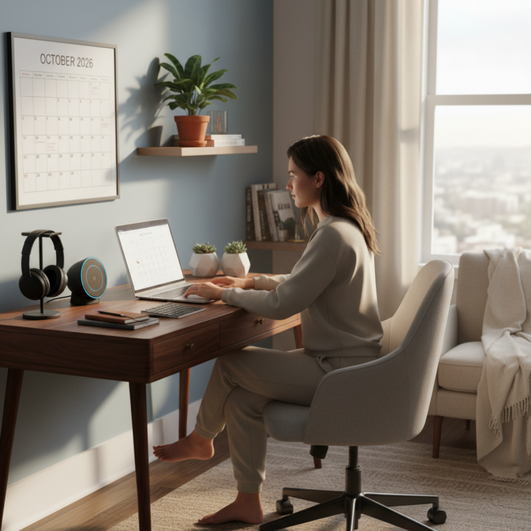 alt_text: Modern home office with tech, plants, and sunlight; person working calmly at a sleek desk.