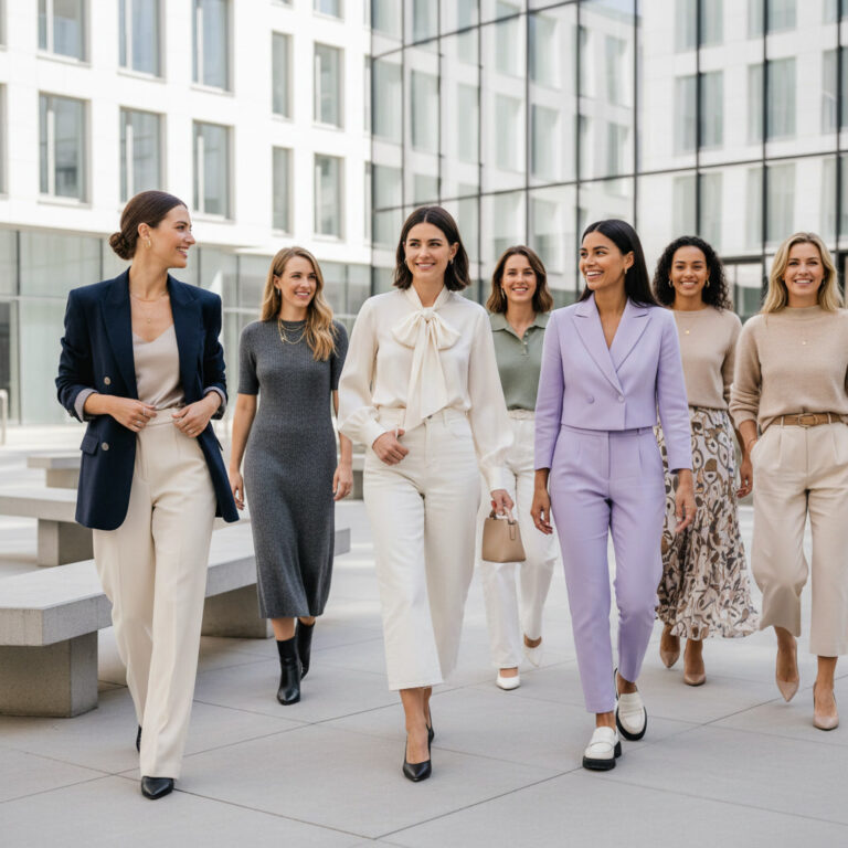 alt_text A group of stylish women model 2026 smart casual trends in a bright, minimalistic city setting.