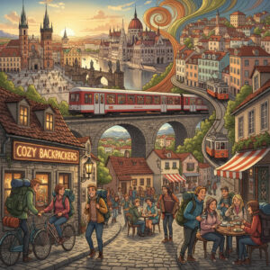 alt_text Young travelers backpack through vibrant, iconic European sites, enjoying affordable urban adventures.