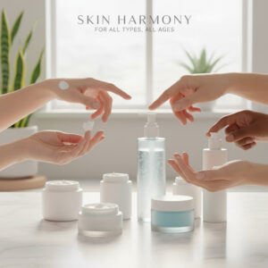 alt_text Diverse hands try moisturizing creams on a bright bathroom counter, highlighting skincare for all.