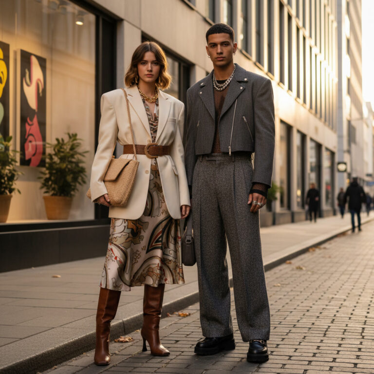 alt_text: Stylish young duo showcase bold 2026 fashion in a modern, chic city street with urban flair.