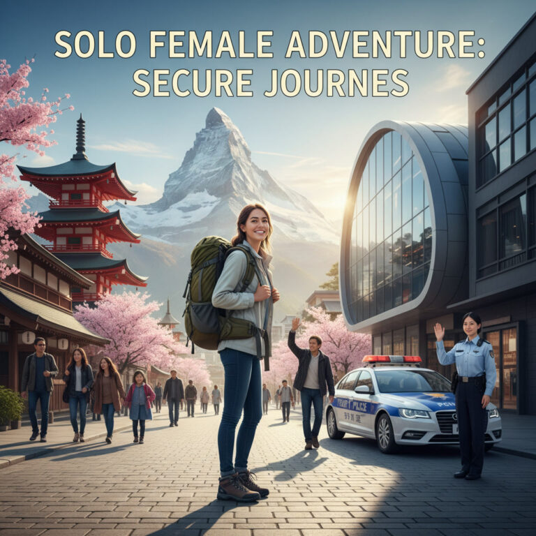 alt_text: Confident solo female traveler explores safe, modern city with landmarks in a bright, secure setting.