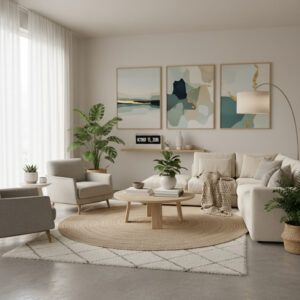 alt_text A peaceful living room with cozy neutral décor, greenery, and soft light for calm, modern living.