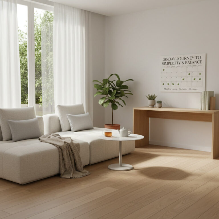 alt_text: A cozy, sunlit room with minimalist decor hints at a 30-day journey to simplicity and balance.