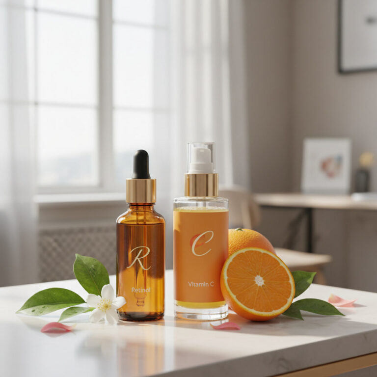 Elegant skincare bottles with retinol and vitamin C, accented by fresh botanicals on a modern vanity.