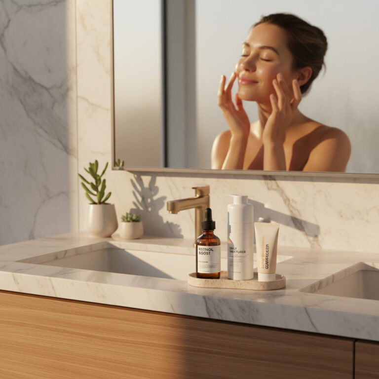 alt_text A woman applies serum in a modern bathroom, showcasing skincare products and a glowing, healthy face.