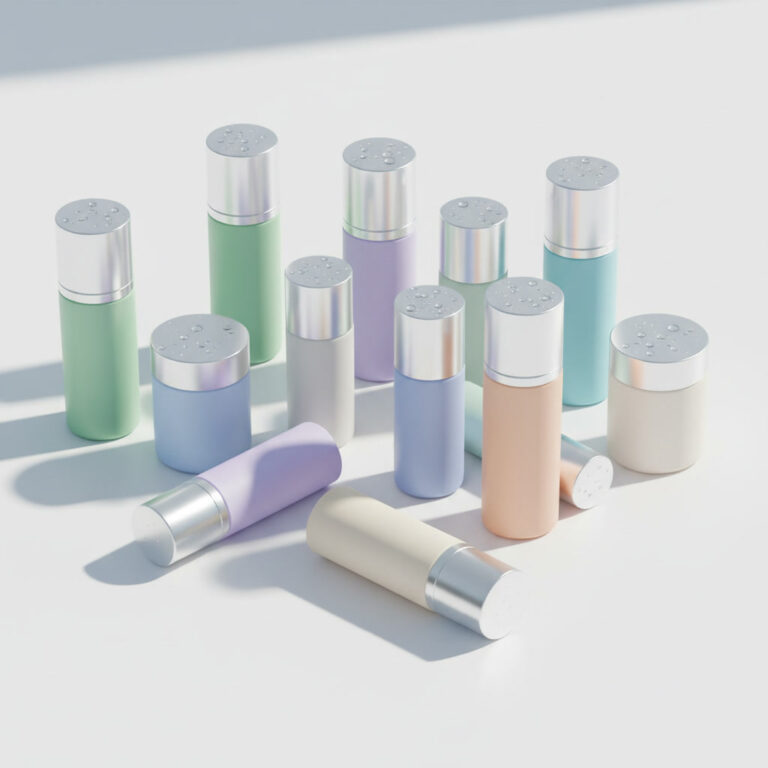 alt_text Ten modern, pastel skincare bottles with dewy glow and water droplets, evoking freshness and science.