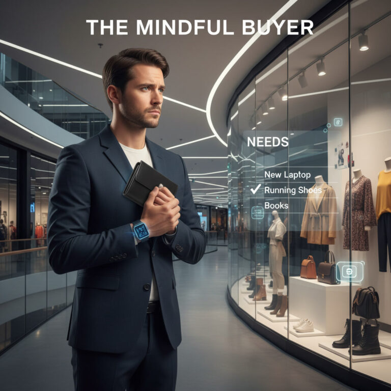 alt_text: Person in a futuristic mall resists shopping urges, focusing on mindful, needs-based purchasing.