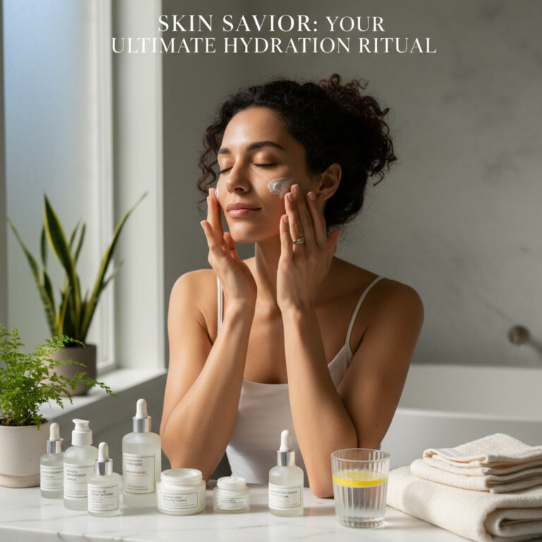 alt_text: Woman moisturizes face in serene bathroom with skincare, towels, water, and plants for hydration.