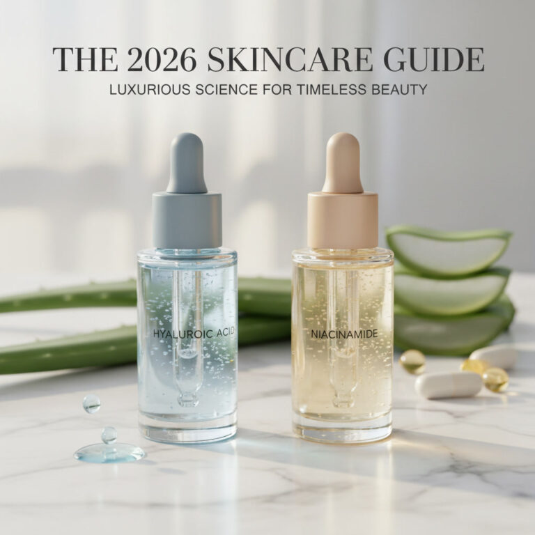alt_text Two luxury serum bottles on marble with aloe, capsules, and glowing drops, evoking modern skincare.