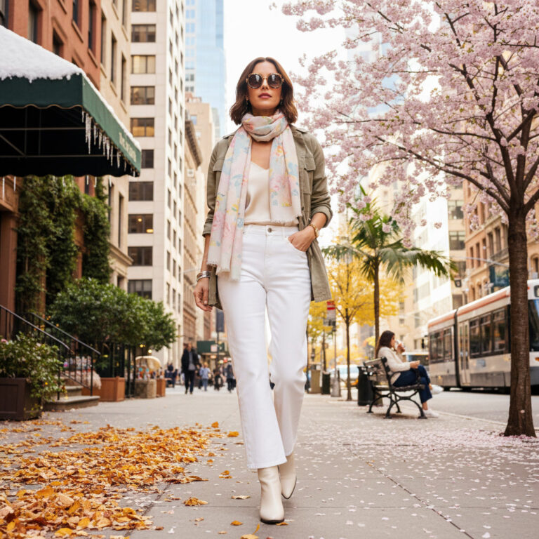 alt_text: Stylish woman in white jeans walks city street as all four seasons blend in a vibrant, chic scene.