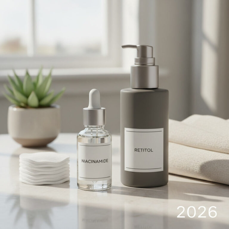 alt_text Elegant bathroom display: niacinamide and retinol skincare with accessories in a fresh setting.
