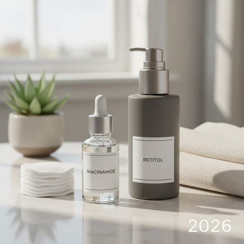 alt_text Elegant bathroom display: niacinamide and retinol skincare with accessories in a fresh setting.