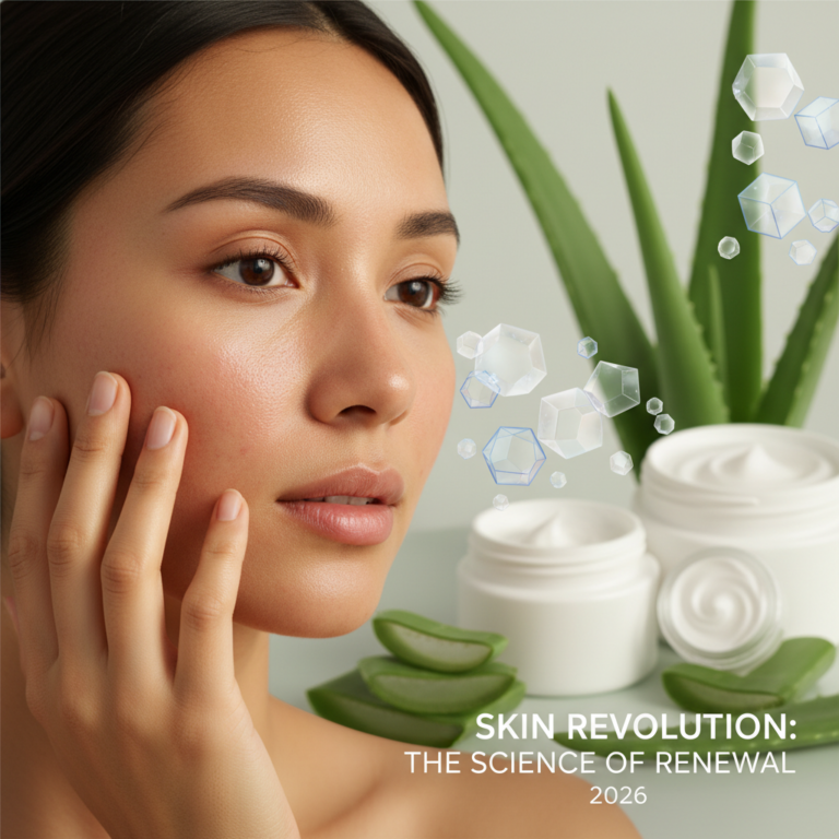 A diverse woman with subtle skin issues, surrounded by skincare elements, symbolizes renewal and care.