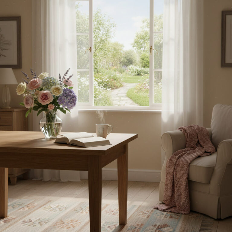 alt_text A cozy sunlit room with a mug, open book, flowers, and window garden, evoking calm and contentment.