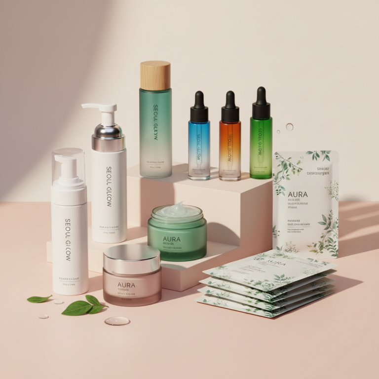 alt_text Ten chic Korean skincare products on a serene, minimalist background, radiating freshness and luxury.