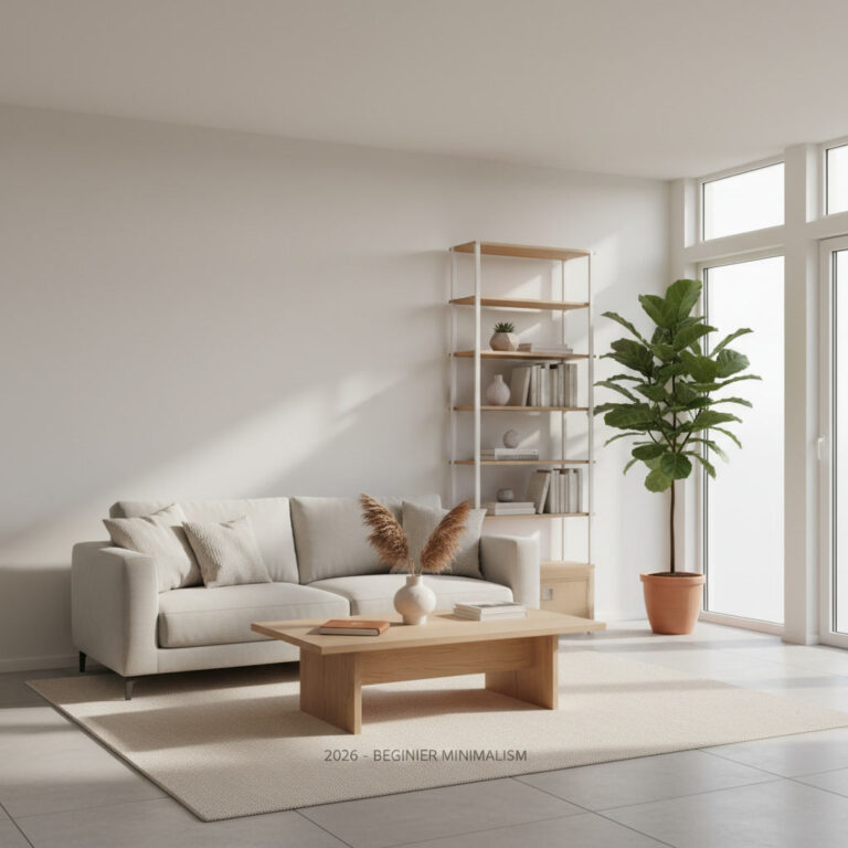 alt_text Minimalist living room with neutral tones, simple furniture, plant, and sunlight, calm and serene.