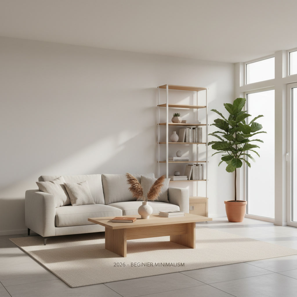 alt_text Minimalist living room with neutral tones, simple furniture, plant, and sunlight, calm and serene.