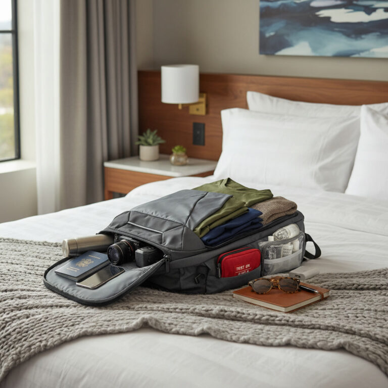alt_text A packed modern backpack with travel essentials on a hotel bed, ready for a solo adventure.