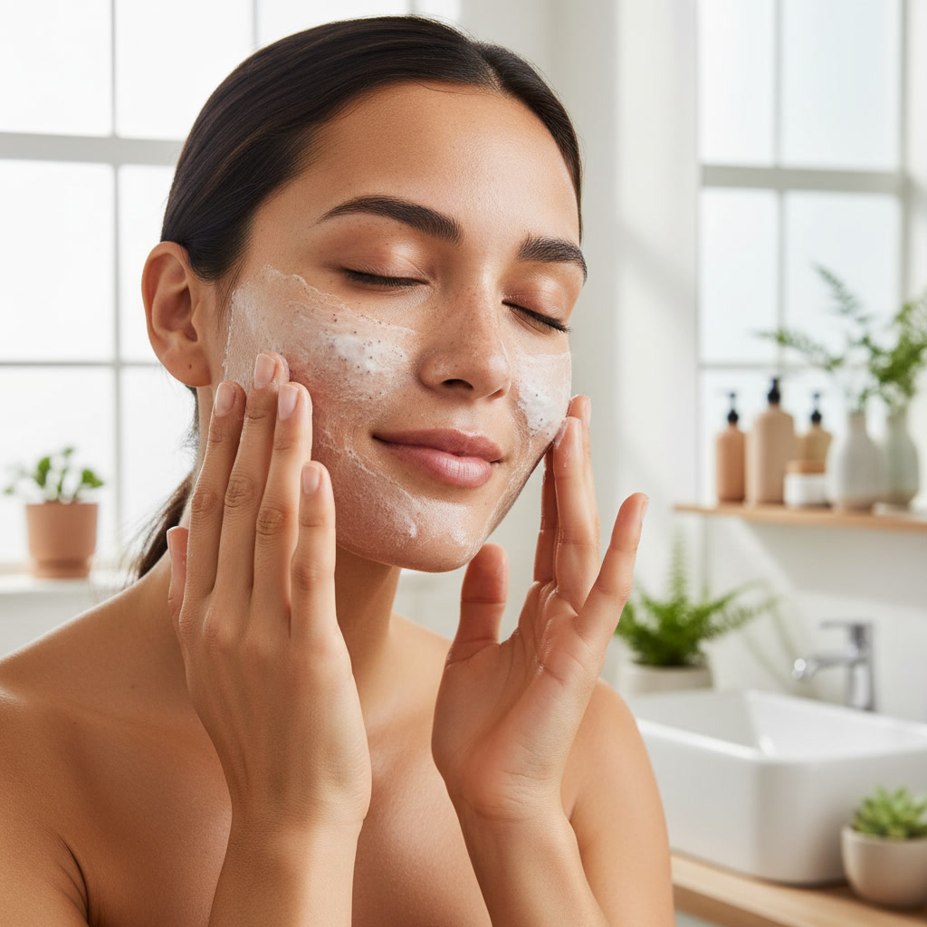 alt_text A diverse woman exfoliates her glowing skin with a scrub in a bright, modern bathroom setting.