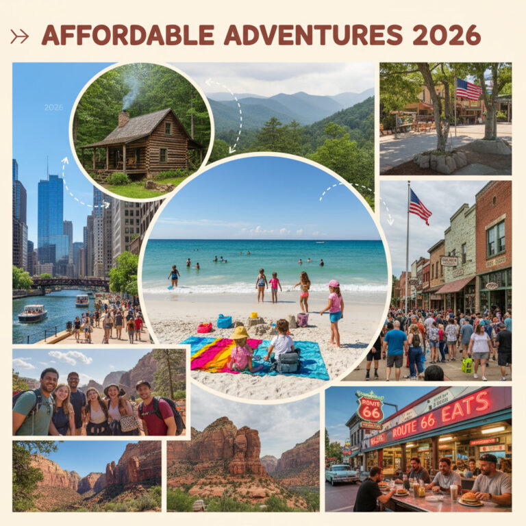 alt_text: Diverse travelers enjoy iconic, affordable U.S. vacation spots—beaches, cities, parks, and diners.