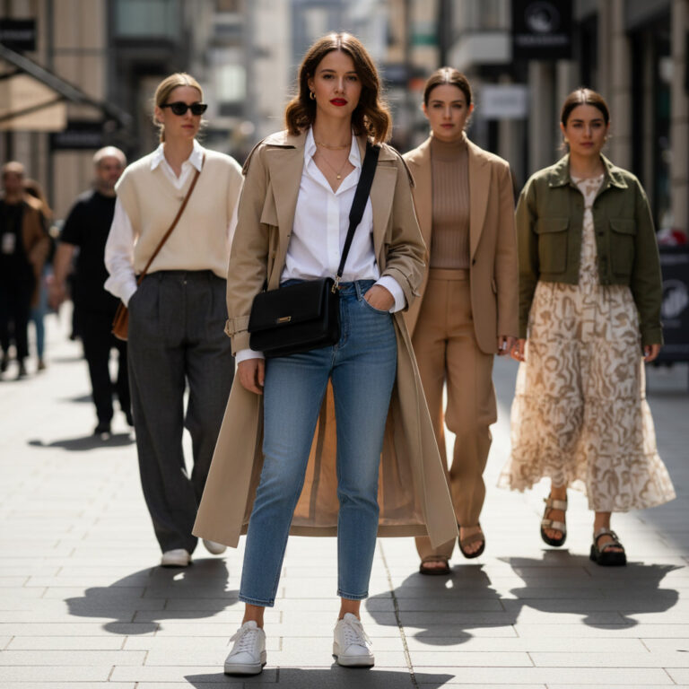 alt_text: Stylish woman in urban setting wearing chic 2026 outfit, surrounded by modern fashion trends.