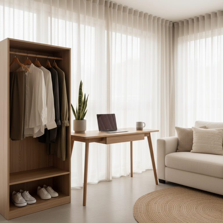 Minimalist room with neutral tones, tidy desk, small wardrobe, and plant, evoking calm efficiency.