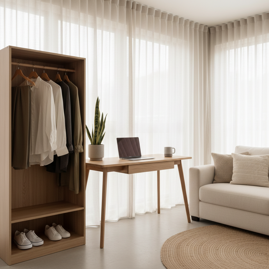 Minimalist room with neutral tones, tidy desk, small wardrobe, and plant, evoking calm efficiency.