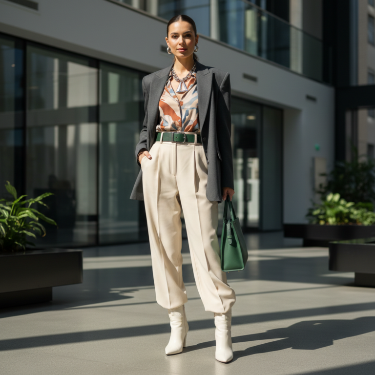alt_text: Stylish woman in modern office, wearing trendy 2026 business casual outfit with chic details.