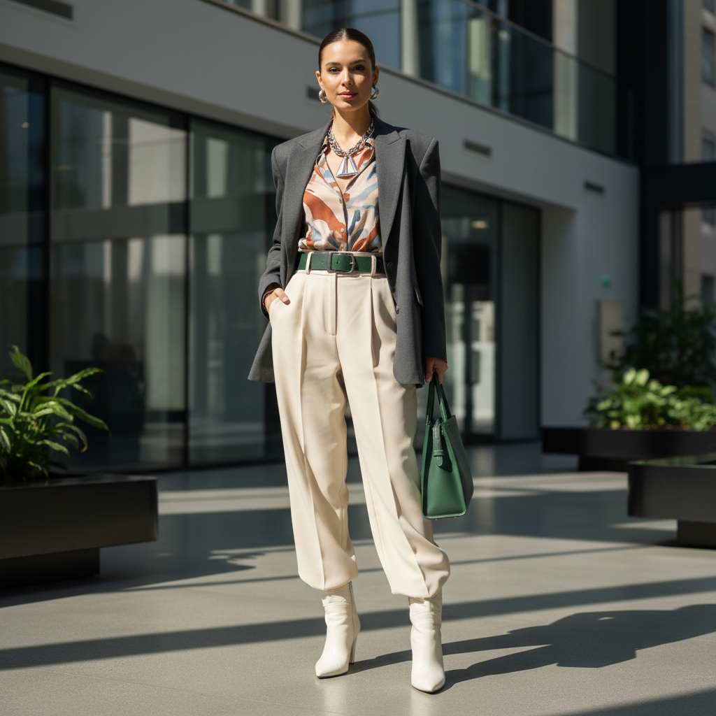 alt_text: Stylish woman in modern office, wearing trendy 2026 business casual outfit with chic details.