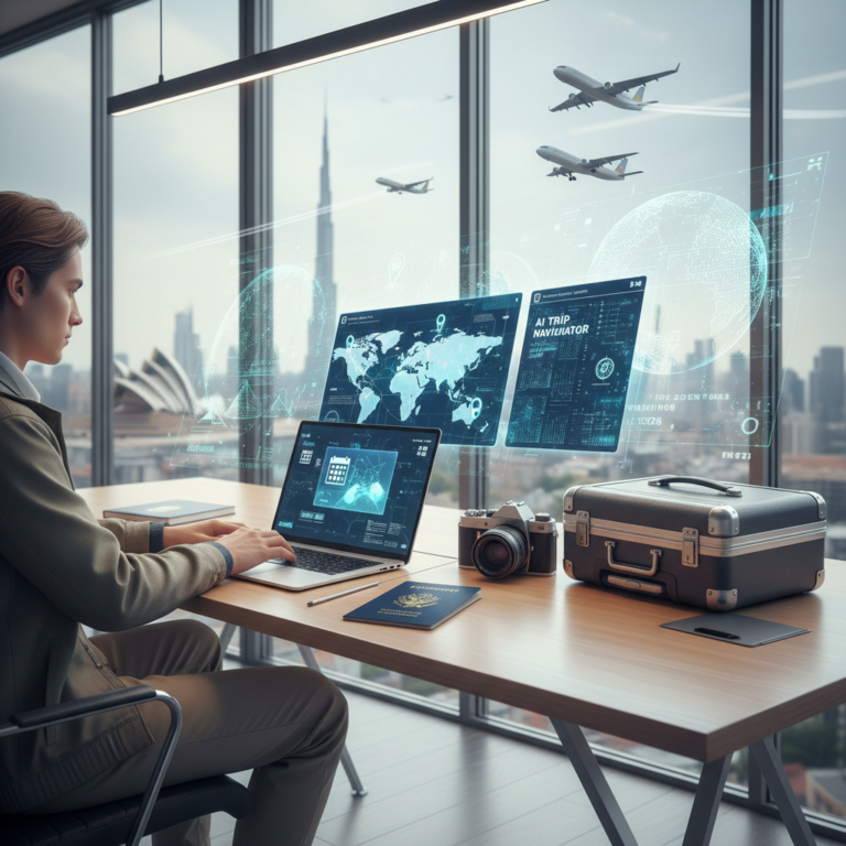 alt_text: Traveler using AI-powered maps and apps to plan a 2026 trip, surrounded by travel essentials.