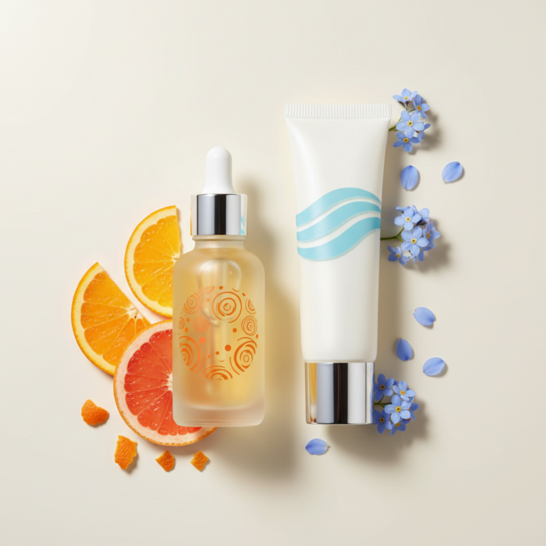Two skincare serums, Vitamin C and Niacinamide, with citrus and blue flowers on a clean background.