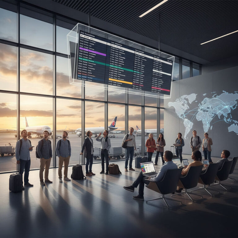 Travelers at a modern airport check flights, plan trips, and watch planes at sunrise, ready for adventure.