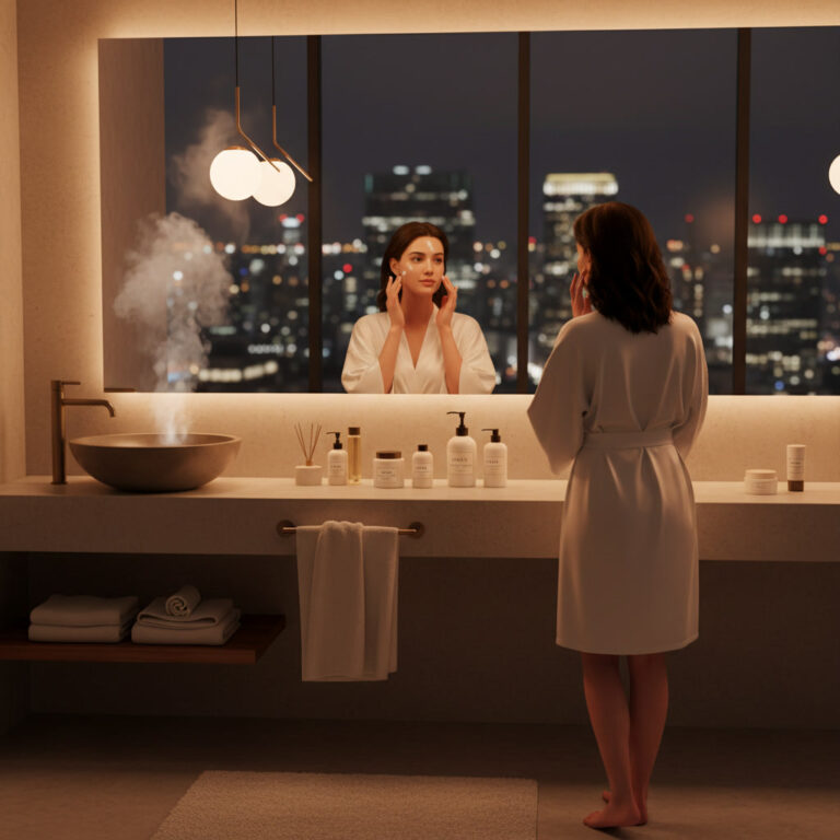alt_text Woman applies moisturizer in a calm, modern bathroom, surrounded by skincare products and city lights.