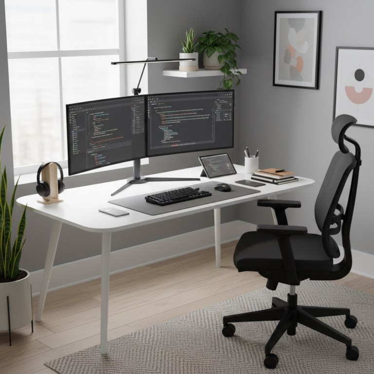alt_text: Modern workspace with dual monitors, ergonomic chair, plants, and minimalist, organized decor.