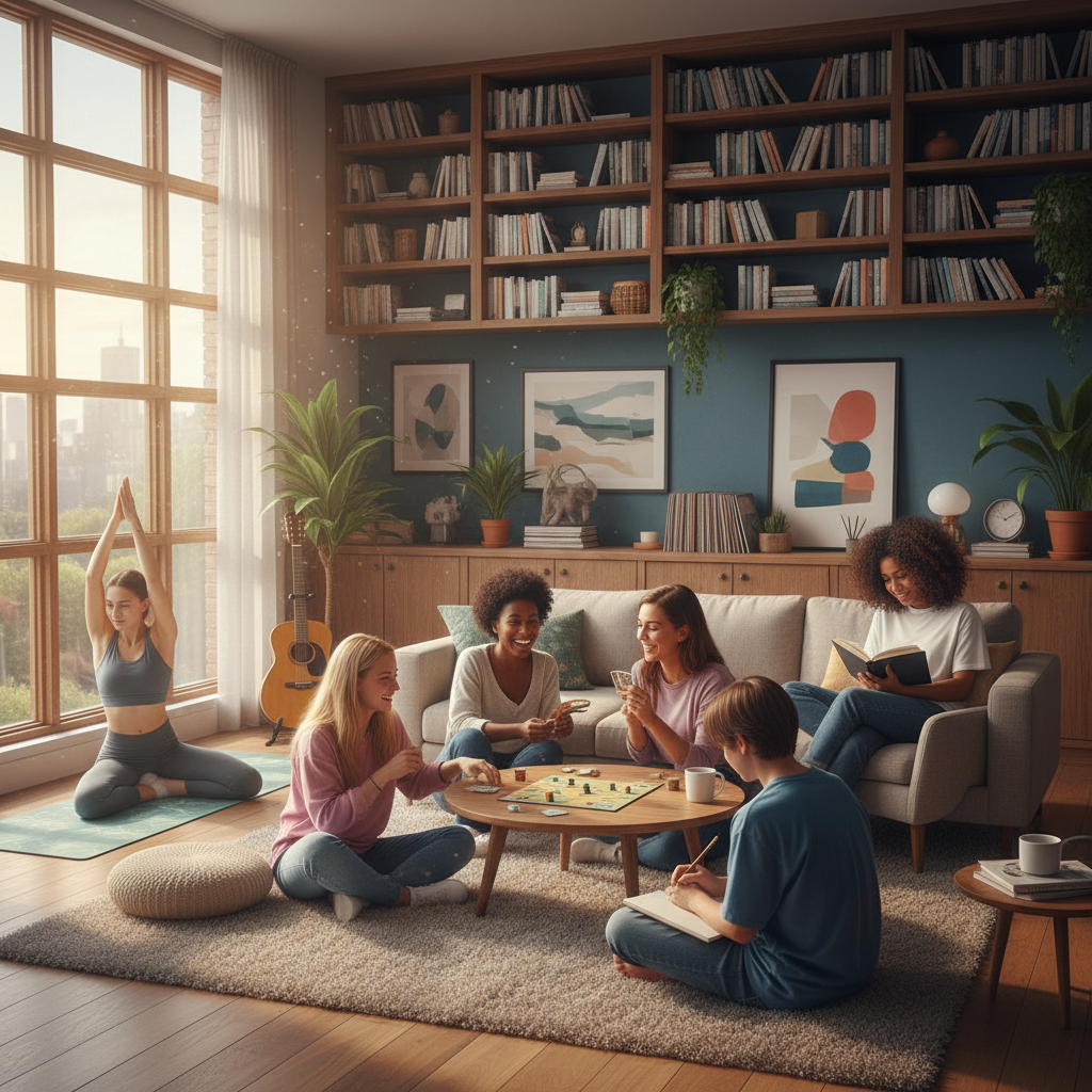 alt_text Young people enjoy screen-free hobbies in a sunny living room: reading, games, yoga, and sketching.