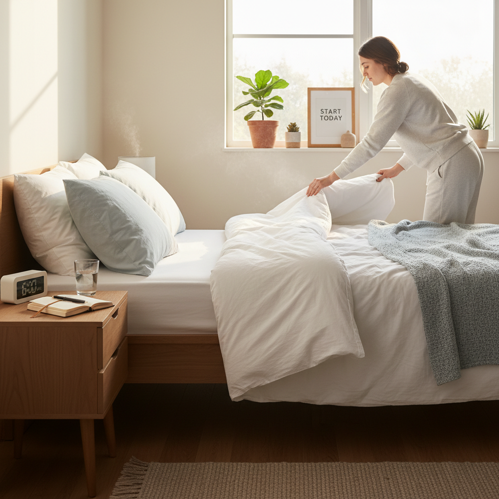 alt_text: Calm morning routine—making bed, tidy table, warm sunlight, plants, and peaceful, organized vibe.