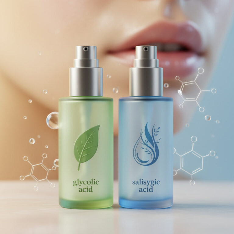 alt_text Two skincare bottles for glycolic and salicylic acid on radiant skin, with scientific accents and clean style.