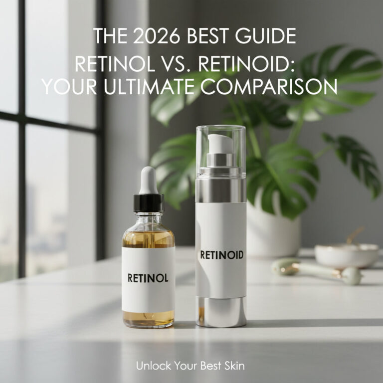 alt_text: Retinol and Retinoid skincare bottles on a modern bathroom counter, evoking a clean, expert guide.