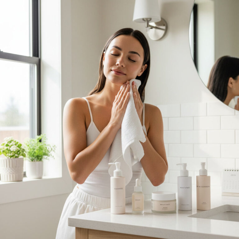 alt_text: A young woman cleanses her glowing skin in a sunlit bathroom, showcasing a simple skincare routine.